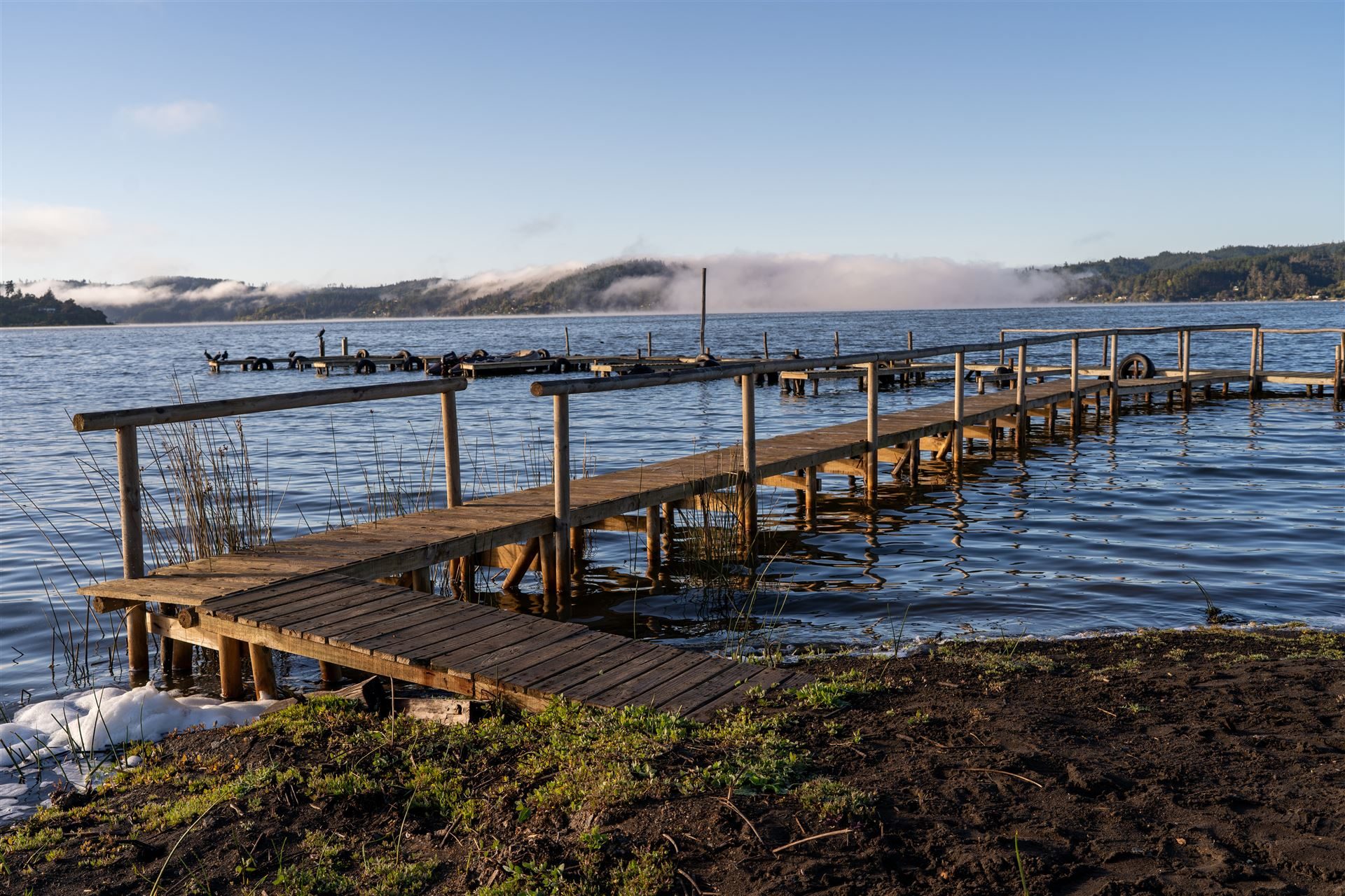 Muelle de madera sobre el Lago Vichuquén al amanecer, con niebla sobre los cerros